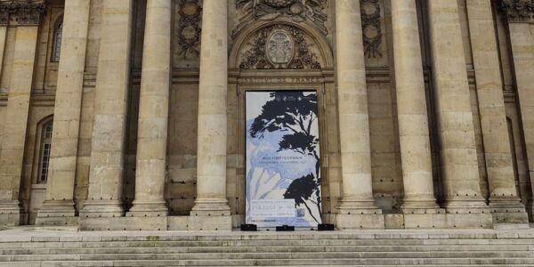 Photo de la façade de l'Institut de France avec l'affiche du colloque "Nos forêts demain".