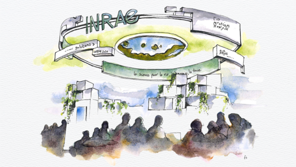 Dessin à l'aquarelle du stand INRAE au Salon de l'Agriculture 2026 Dessin à l'aquarelle du stand INRAE au Salon de l'Agriculture 2026